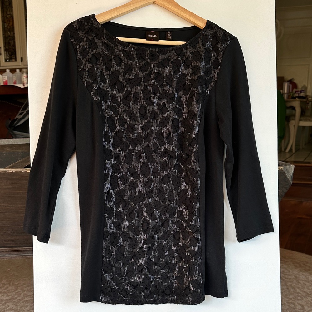 Black Rafaella Sequined 3/4 Long Sleeve Top Festive Large